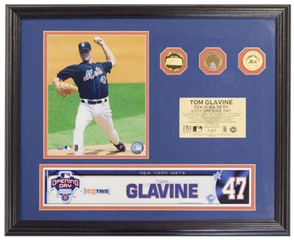 Tom Glavine Framed Piece With Game Used Shea Stadium Dirt & Glavines Opening Day Locker Tag (MLB Authenticated)